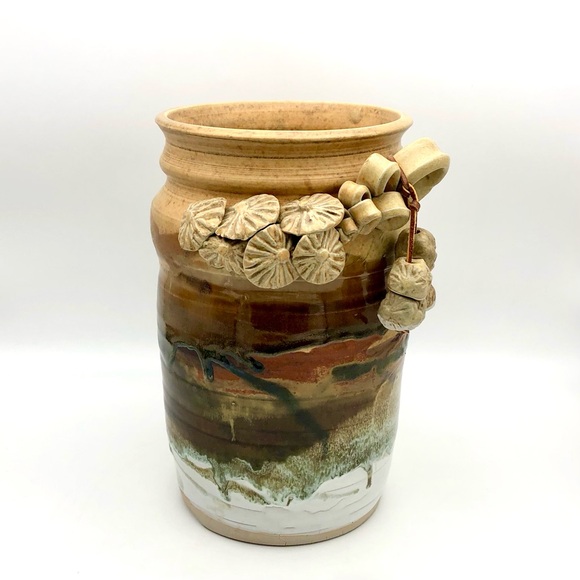 Large Pottery Crock Vase Hand Made Beads On Leather Dangle Applied Floral Relief - Picture 15 of 15
